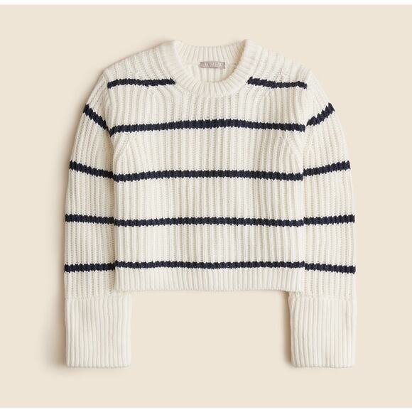J.Crew Heritage Chunky Cotton Fisherman Crewneck Sweater SZ M Ivory Navy Striped - Picture 2 of 7